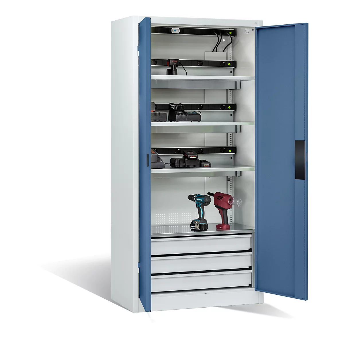 Armoire de charge sur batterie Comfort de C+P avec portes en tôle pleine, H 1950 x L 930 x P 500 mm, gris clair/bleu lointain