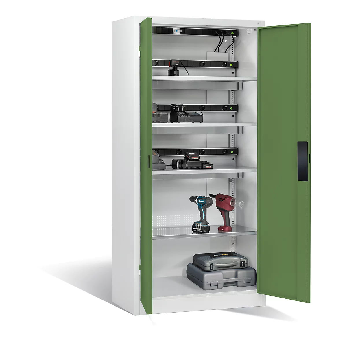 Armoire de charge sur batterie Comfort de C+P avec portes en tôle pleine, H 1950 x L 930 x P 500 mm, gris clair/vert réséda