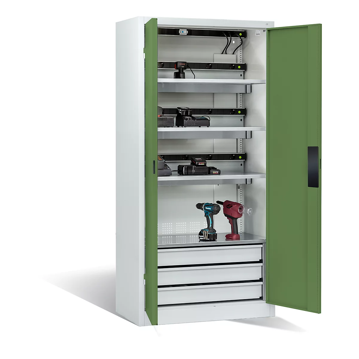 Armoire de charge sur batterie Comfort de C+P avec portes en tôle pleine, H 1950 x L 930 x P 500 mm, gris clair/vert réséda