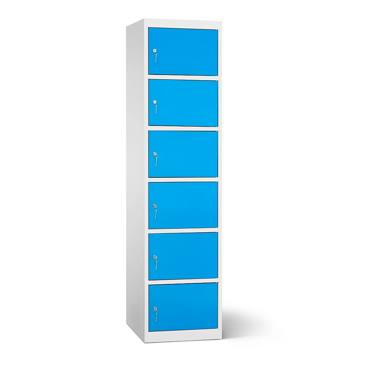 Armoire de chargement des batteries, 6 compartiments avec serrure à cylindre, tôle d'acier gris clair RAL 7035/bleu clair RAL 5012