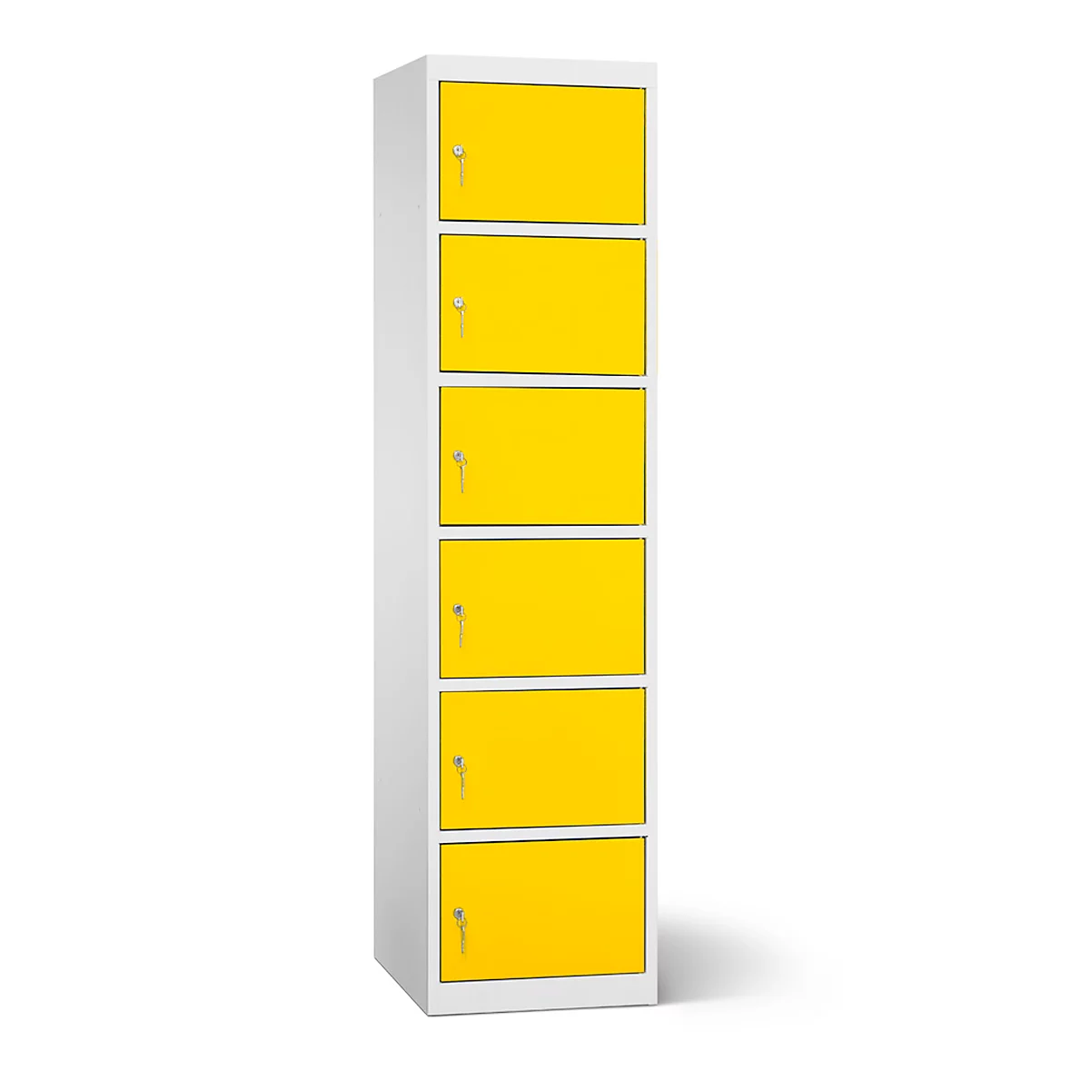 Armoire de chargement des batteries, 6 compartiments avec serrure à cylindre, tôle d'acier gris clair RAL 7035 / jaune trafic RAL 1023