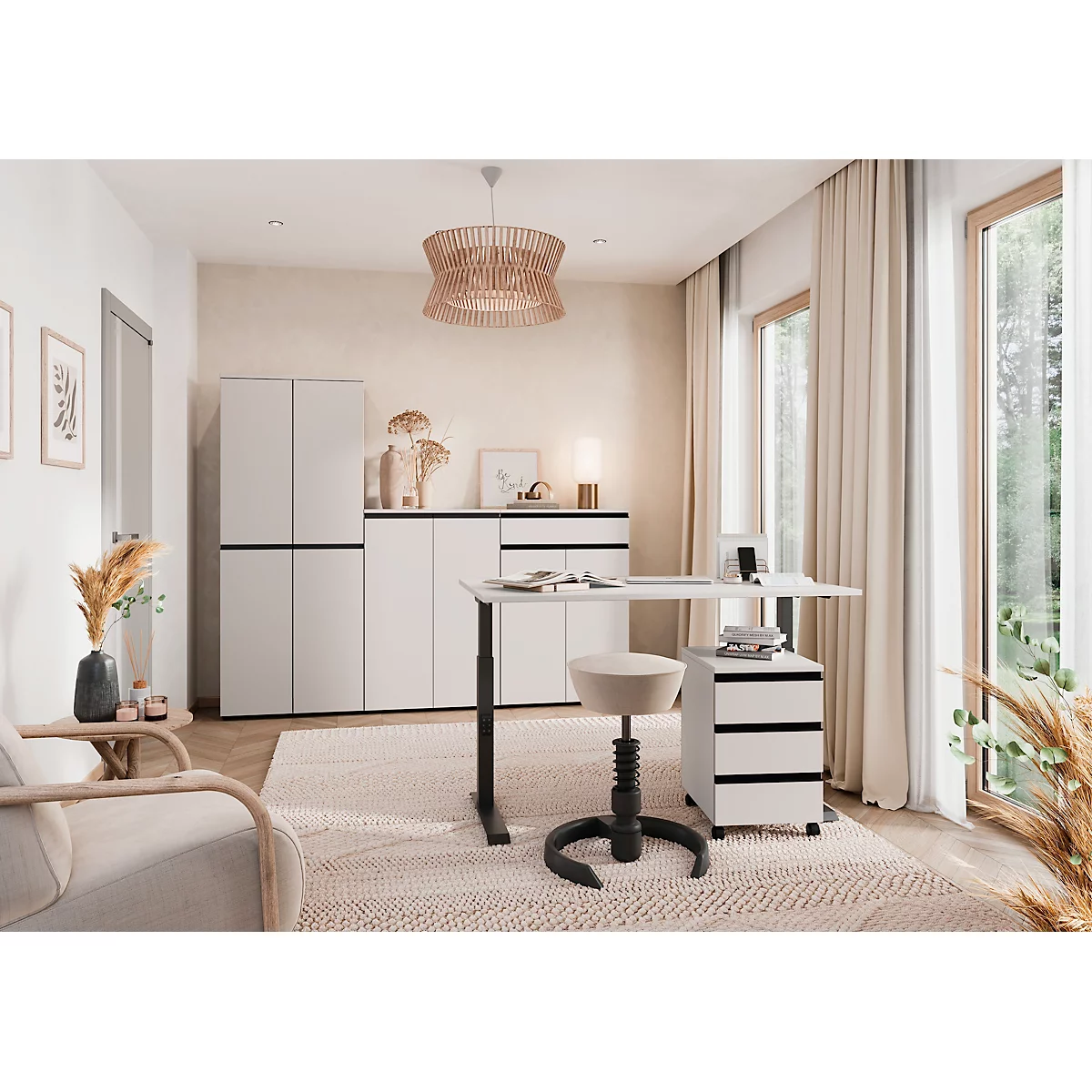 Armoire de classement Aalborg, 2 portes, 4 tablettes, patins de meuble, panneau de particules mélaminé, L 810 x P 400 x H 1970 mm, cachemire