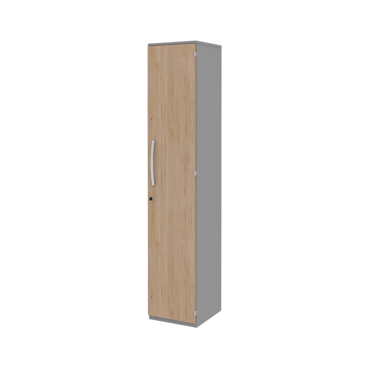 Armoire de classement BARI, 6 hauteurs de classeurs, 5 tablettes, serrure, charnière de porte côté droit, l. 427 x P 430 x H 2174 mm, coloris érable/gris mat