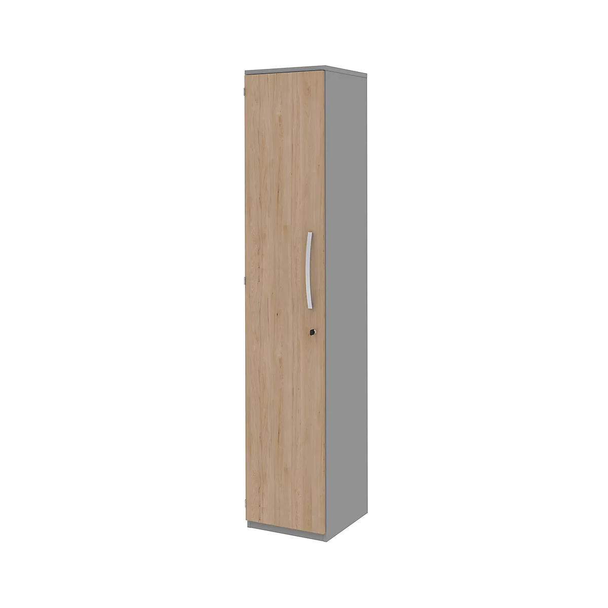 Armoire de classement BARI, 6 hauteurs de classeurs, 5 tablettes, serrure, charnière de porte côté gauche, l. 427 x P 430 x H 2174 mm, coloris chêne/gris mat