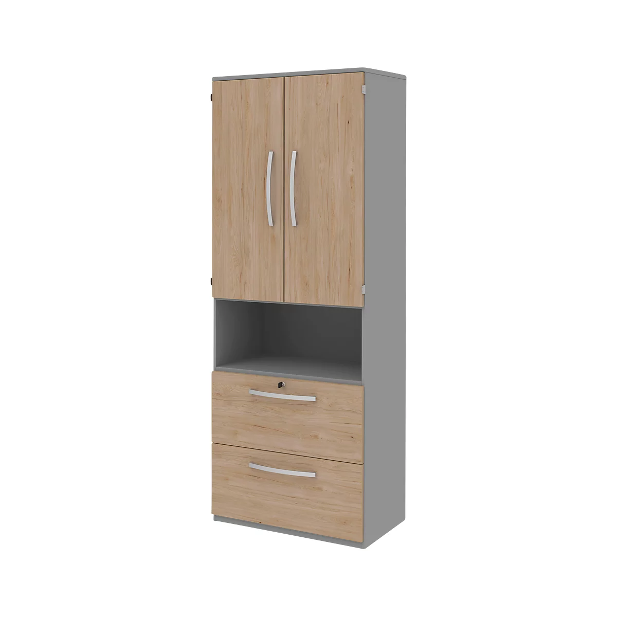 Armoire de classement BARI, 6 HC, 2 portes, 2 dossiers suspendus, verrouillage central, l. 819 x P 430 x H 2174 mm, coloris chêne/gris moyen