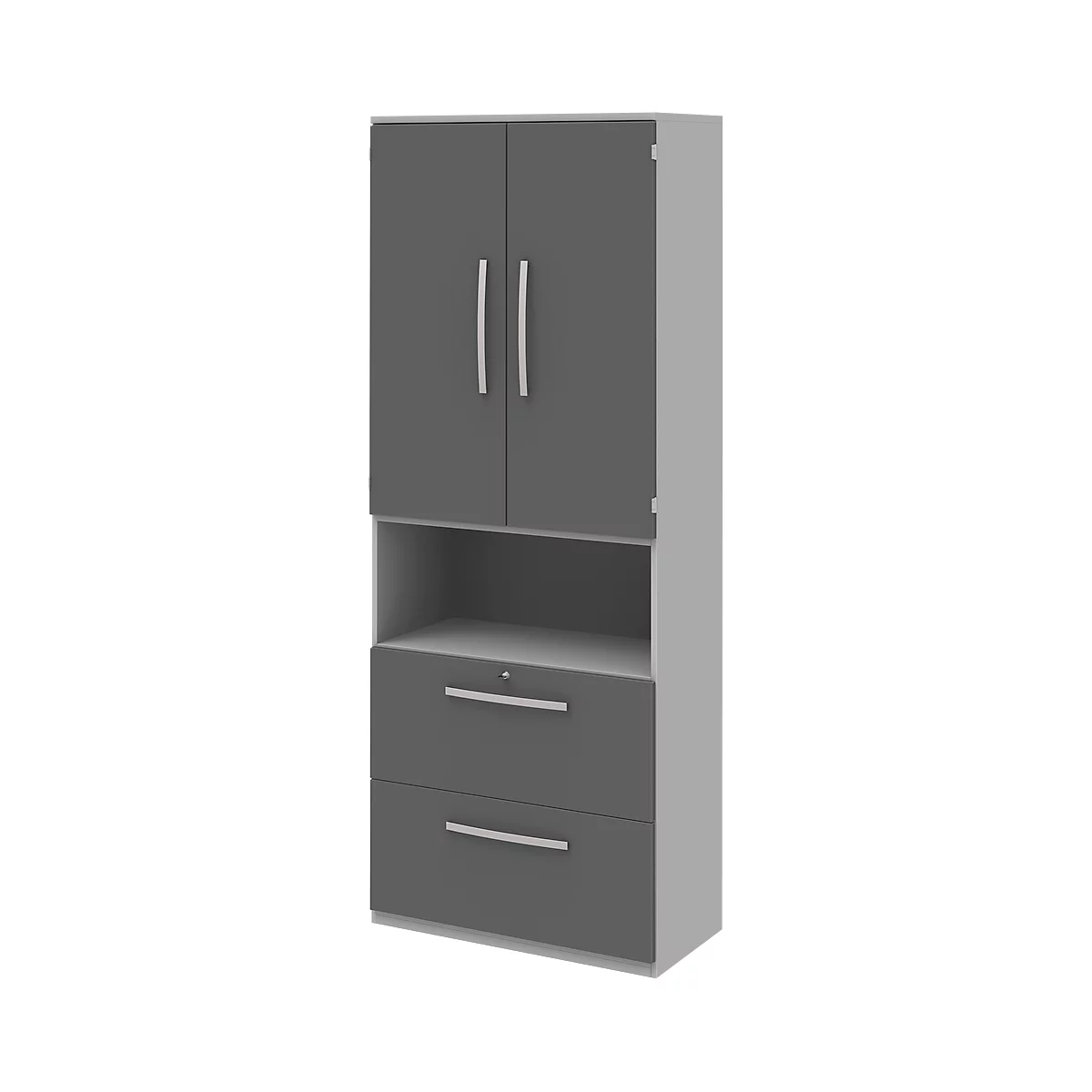 Armoire de classement BARI, 6 HC, 2 portes, 2 dossiers suspendus, verrouillage central, l. 819 x P 430 x H 2174 mm, gris clair/anthracite