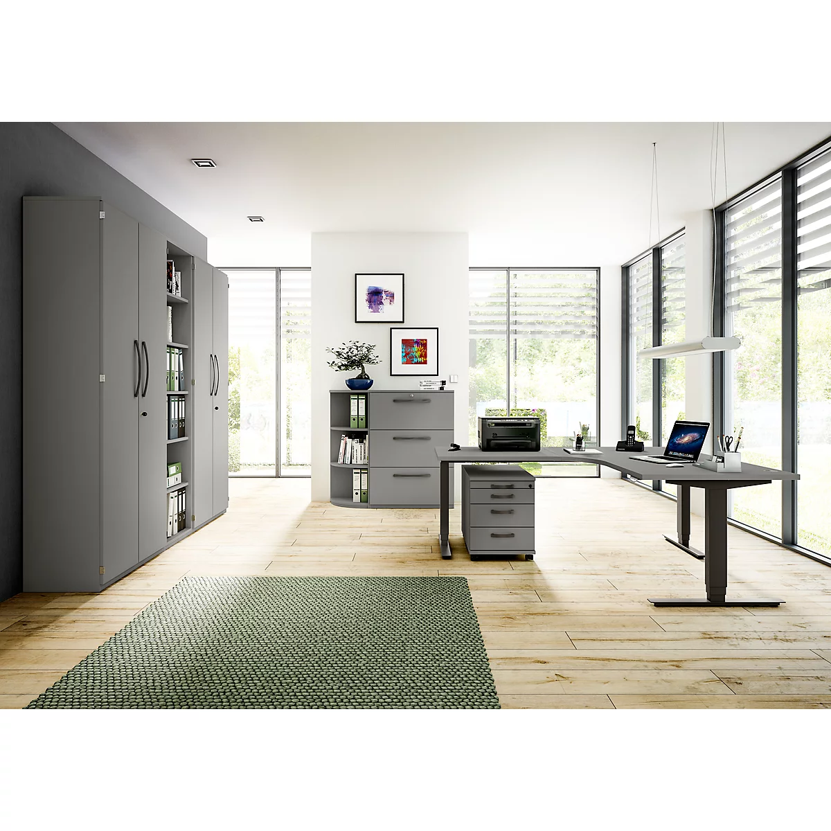 Armoire de classement BARI, 6 HC, 2 portes, 2 dossiers suspendus, verrouillage central, l. 819 x P 430 x H 2174 mm, gris clair/anthracite