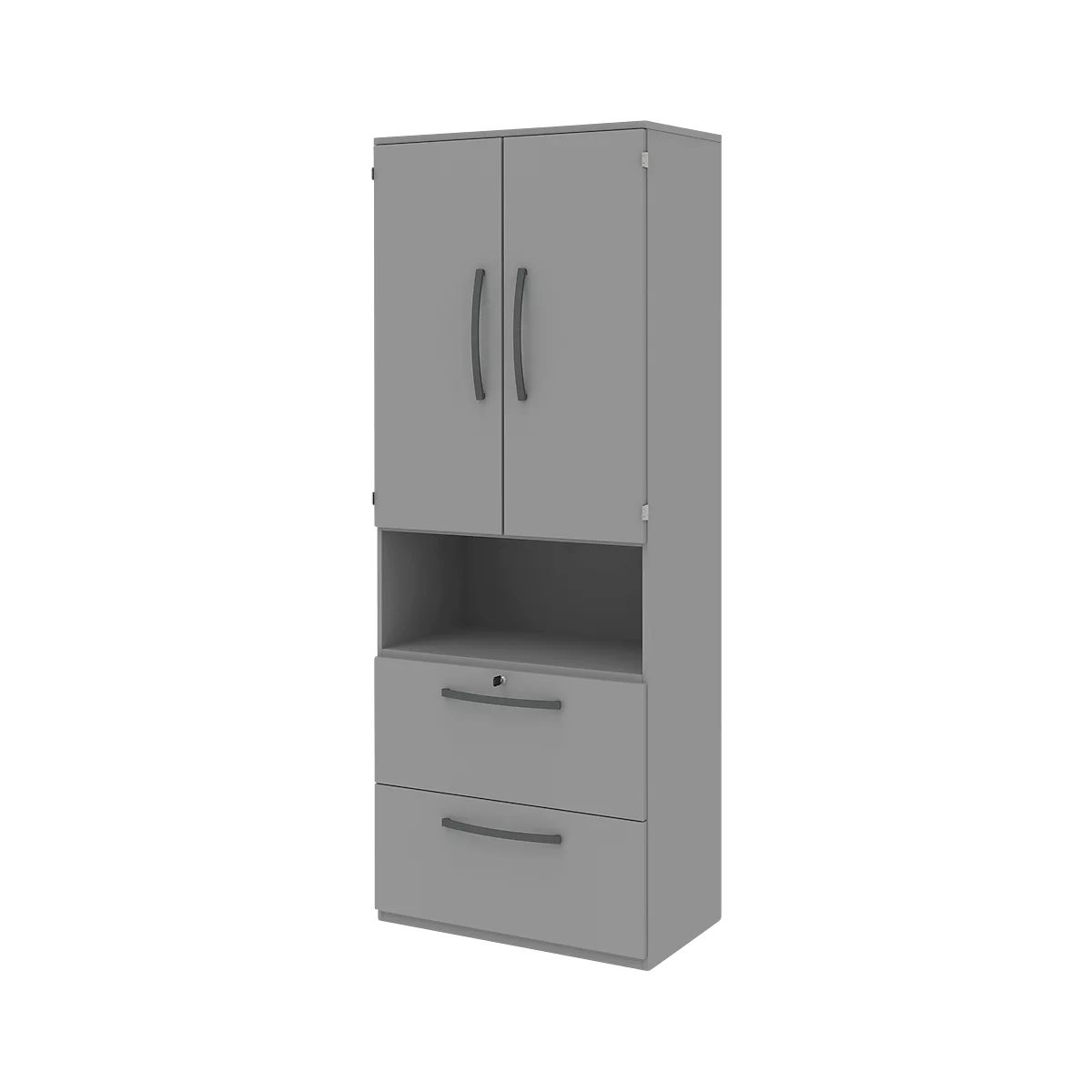 Armoire de classement BARI, 6 HC, 2 portes, 2 dossiers suspendus, verrouillage central, l. 819 x P 430 x H 2174 mm, gris moyen/gris moyen