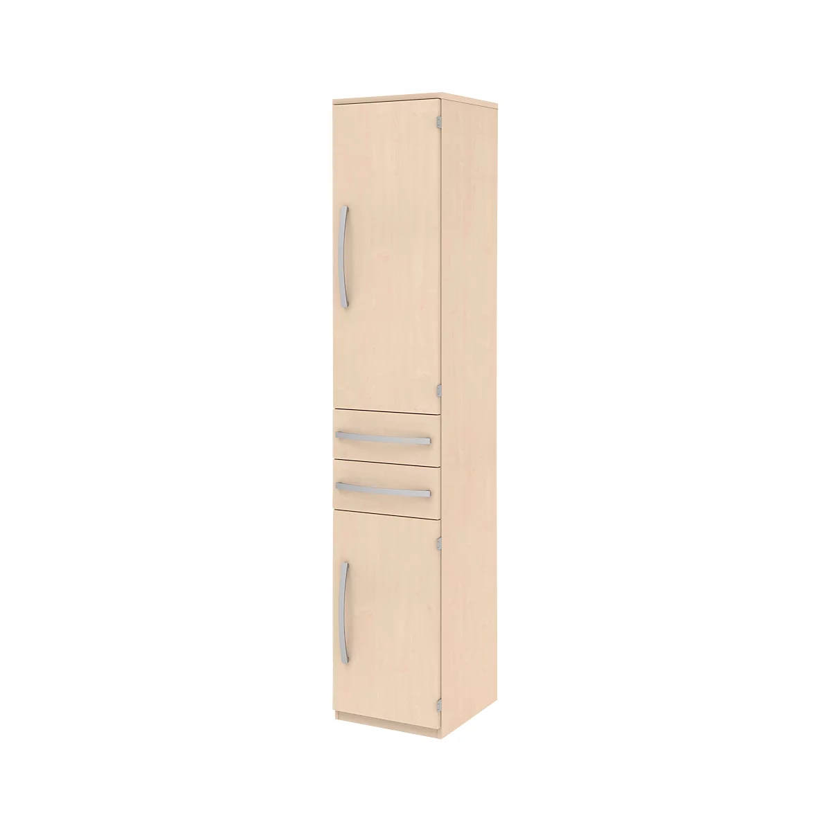Armoire de classement BARI, 6 HC, 3 tablettes, 2 tiroirs, charnière de porte côté droit, l. 427 x P 430 x H 2174 mm, érable/érable/alu