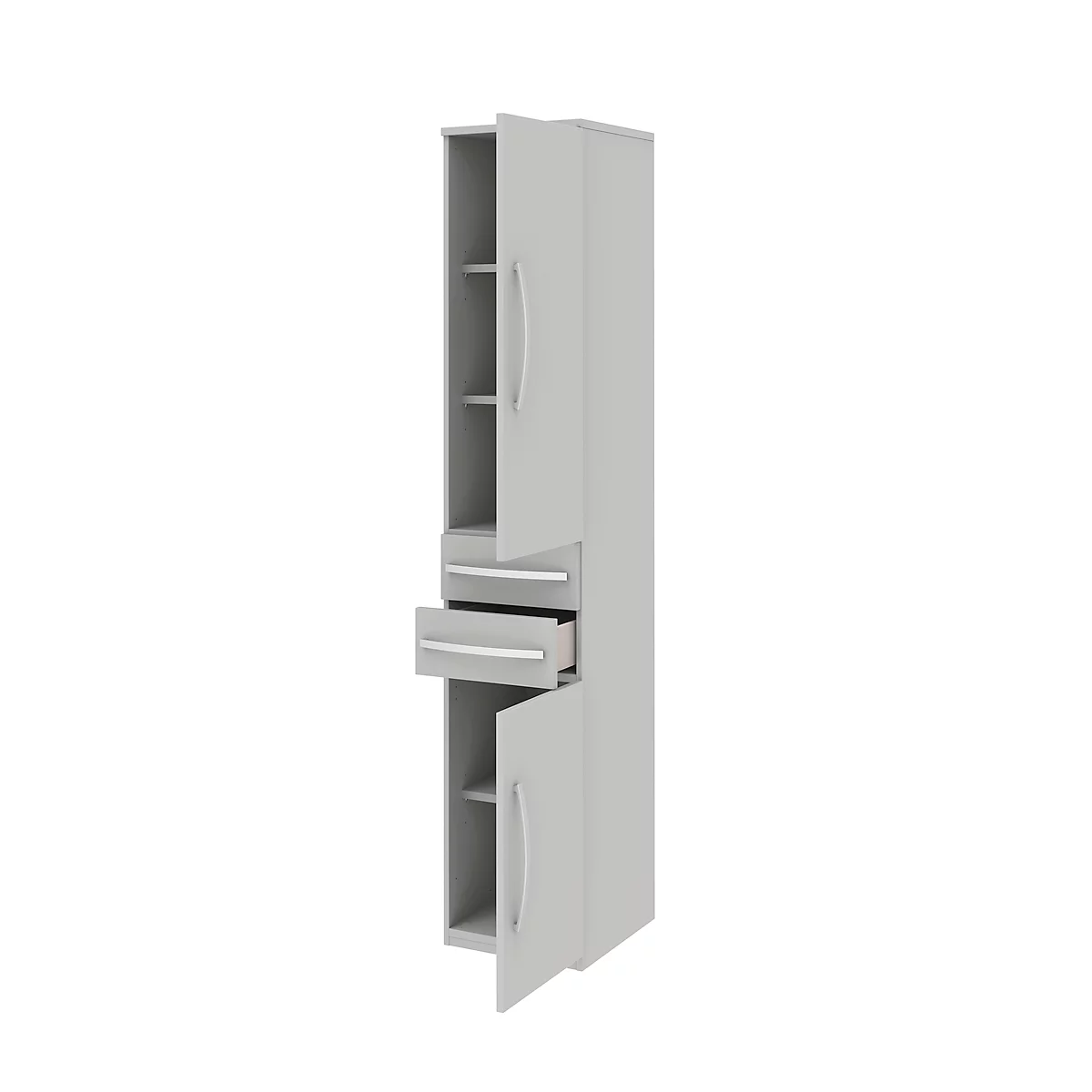 Armoire de classement BARI, 6 HC, 3 tablettes, 2 tiroirs, charnière de porte côté droit, l. 427 x P 430 x H 2174 mm, gris clair/gris clair/alu