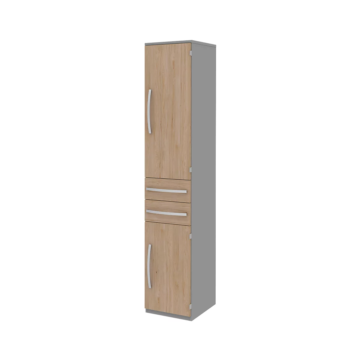 Armoire de classement BARI, 6 HC, 3 tablettes, 2 tiroirs, charnière de porte côté droit, l. 427 x P 430 x H 2174 mm, gris moyen/chêne/alu