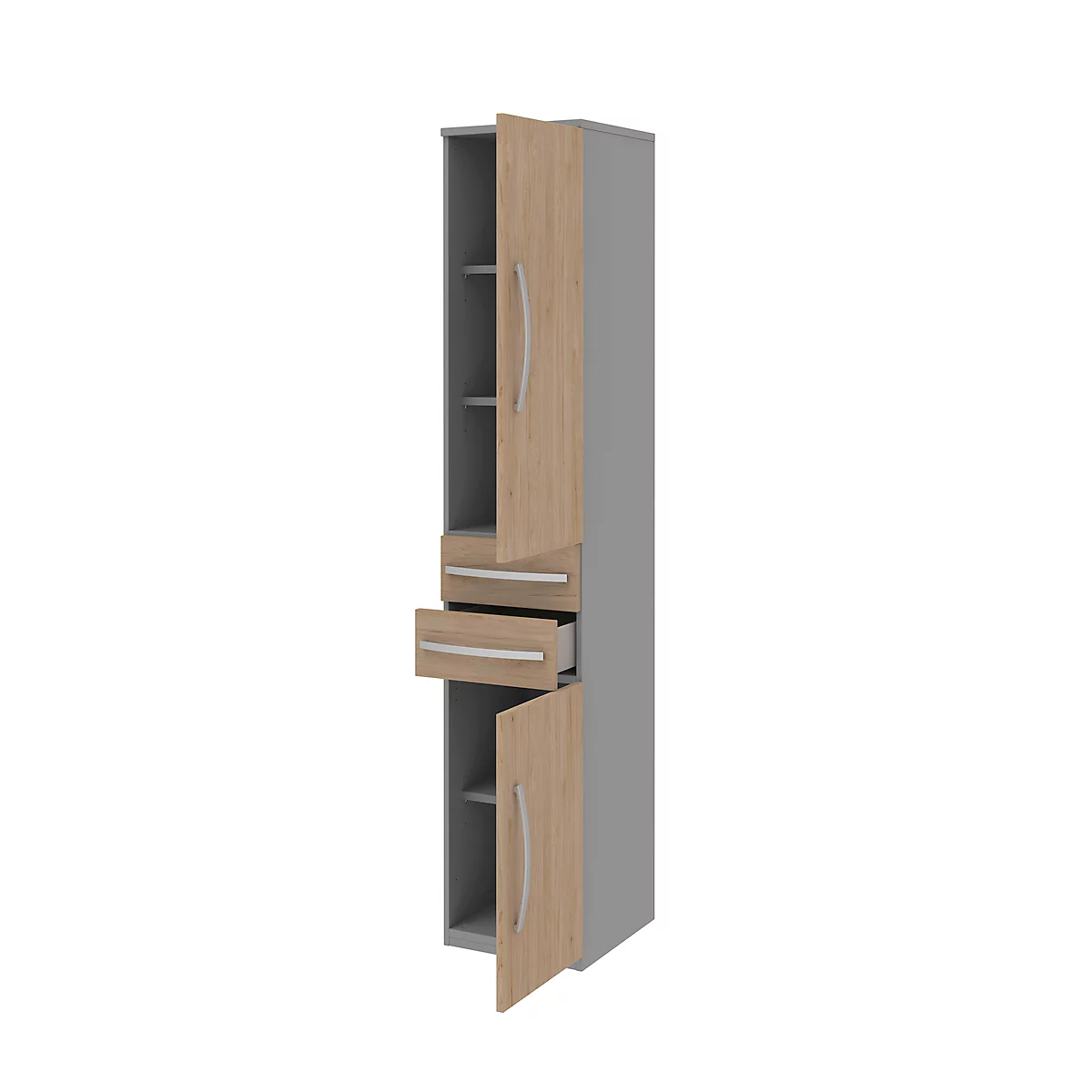 Armoire de classement BARI, 6 HC, 3 tablettes, 2 tiroirs, charnière de porte côté droit, l. 427 x P 430 x H 2174 mm, gris moyen/chêne/alu