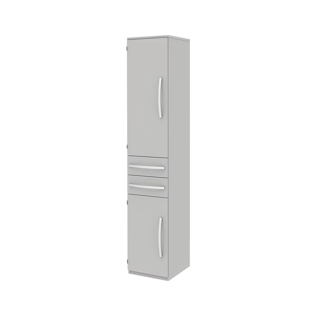 Armoire de classement BARI, 6 HC, 3 tablettes, 2 tiroirs, charnière de porte côté gauche, l. 427 x P 430 x H 2174 mm, gris clair/gris clair/alu