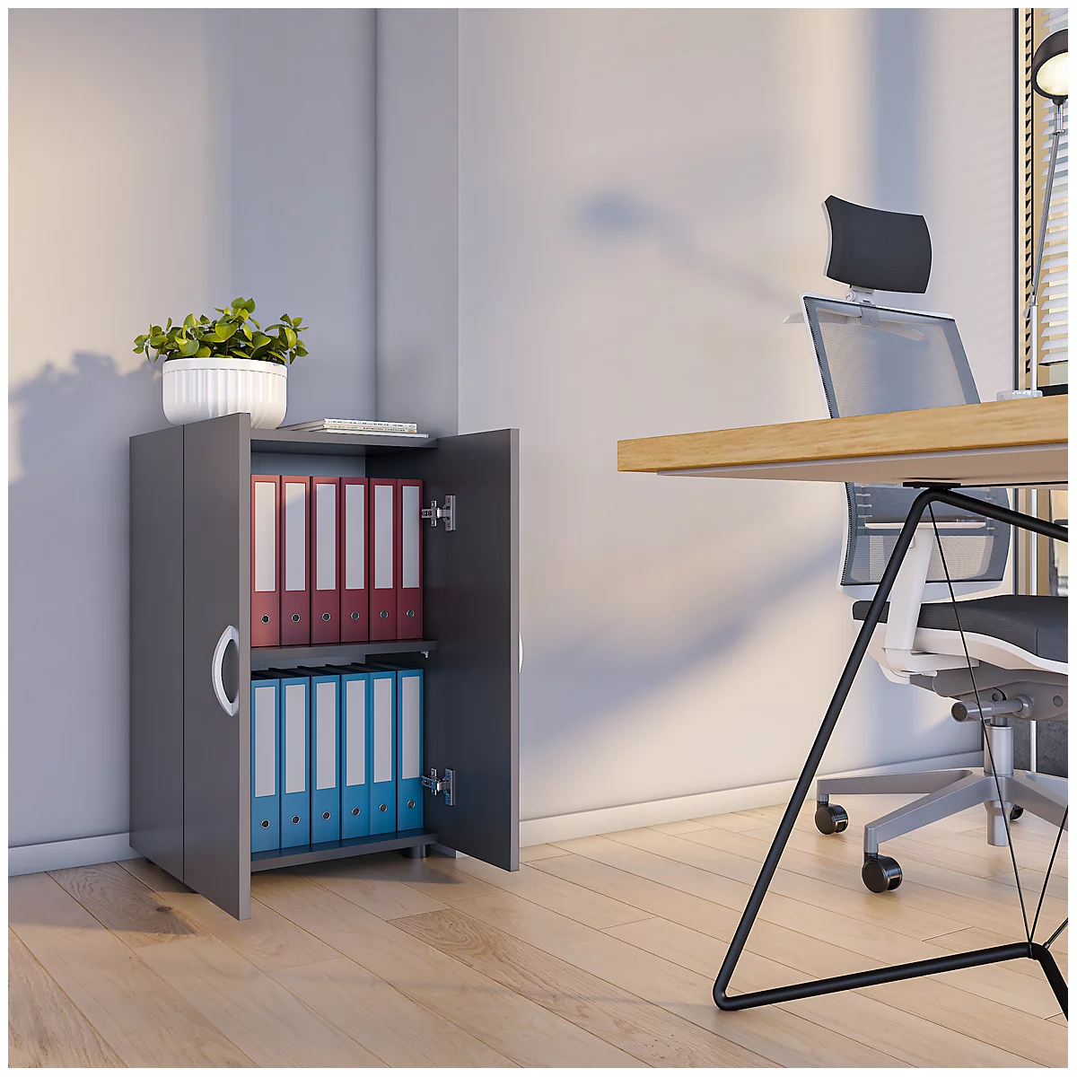 Armoire de classement Ulas, 2 hauteurs de classeurs, 1 tablette, pour env. 14 classeurs, portes battantes, L 490 x P 340 x H 740 mm, bois, anthracite