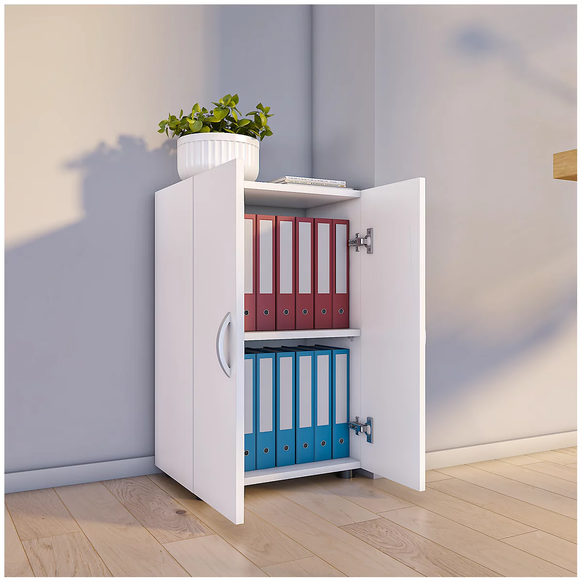 Armoire de classement Ulas, 2 hauteurs de classeurs, 1 tablette, pour env. 14 classeurs, portes battantes, L 490 x P 340 x H 740 mm, bois, blanc