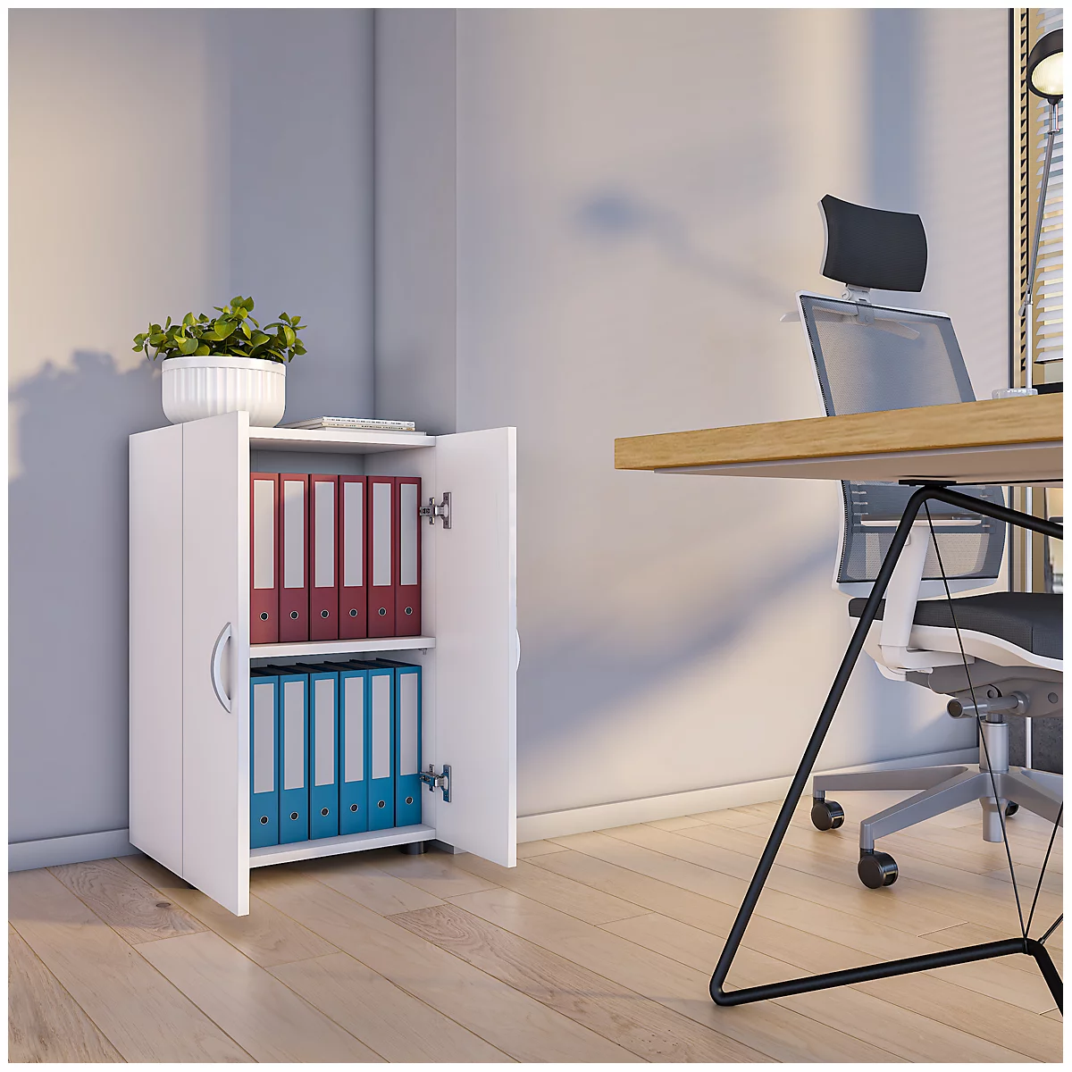 Armoire de classement Ulas, 2 hauteurs de classeurs, 1 tablette, pour env. 14 classeurs, portes battantes, L 490 x P 340 x H 740 mm, bois, blanc