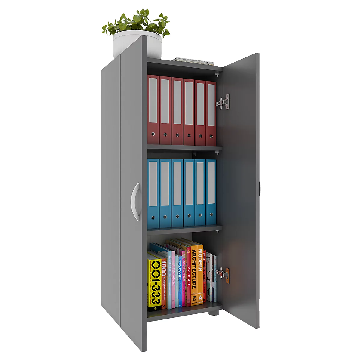 Armoire de classement Ulas, 3 hauteurs de classeurs, 2 tablettes, pour env. 21 classeurs, portes battantes, L 490 x P 340 x H 1080 mm, bois, anthracite