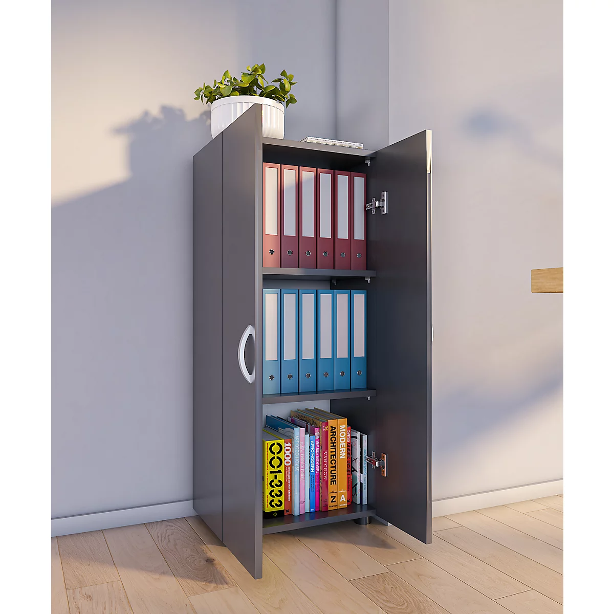 Armoire de classement Ulas, 3 hauteurs de classeurs, 2 tablettes, pour env. 21 classeurs, portes battantes, L 490 x P 340 x H 1080 mm, bois, anthracite