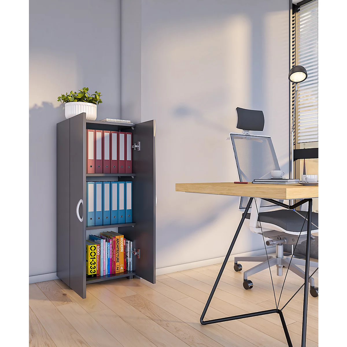 Armoire de classement Ulas, 3 hauteurs de classeurs, 2 tablettes, pour env. 21 classeurs, portes battantes, L 490 x P 340 x H 1080 mm, bois, anthracite