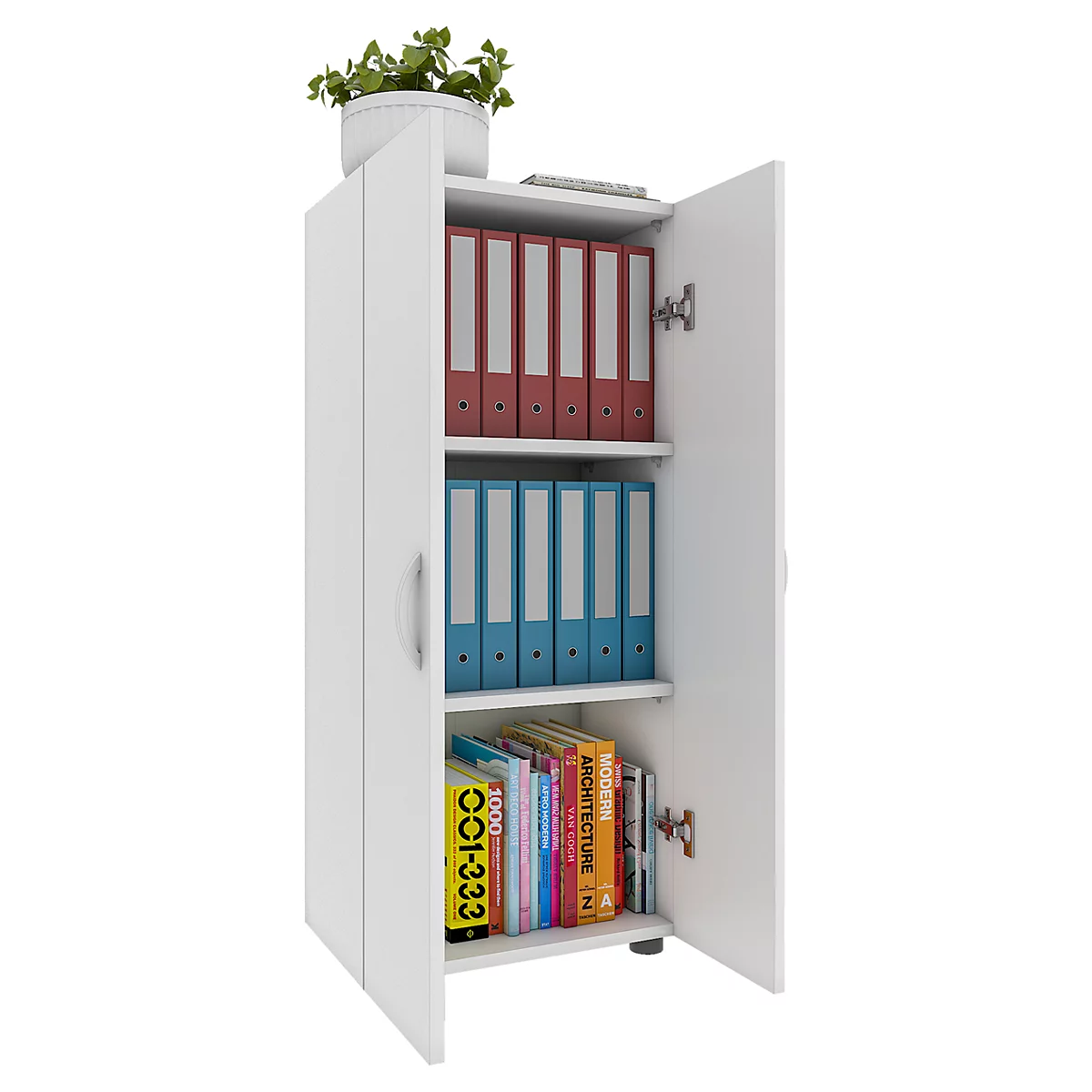 Armoire de classement Ulas, 3 hauteurs de classeurs, 2 tablettes, pour env. 21 classeurs, portes battantes, L 490 x P 340 x H 1080 mm, bois, blanc