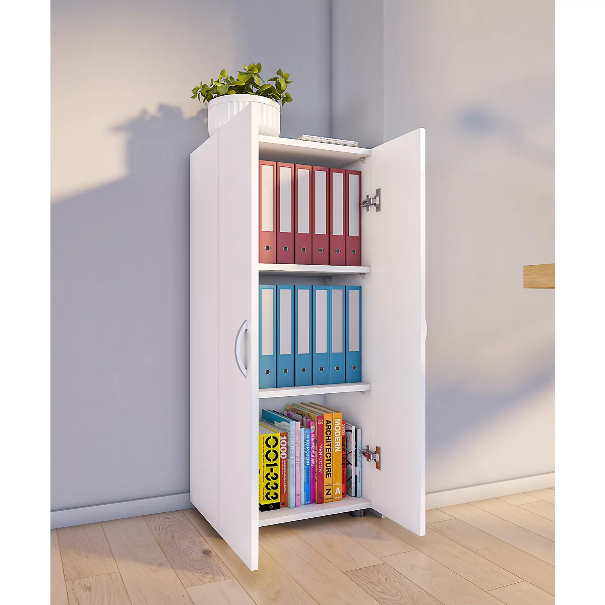 Armoire de classement Ulas, 3 hauteurs de classeurs, 2 tablettes, pour env. 21 classeurs, portes battantes, L 490 x P 340 x H 1080 mm, bois, blanc