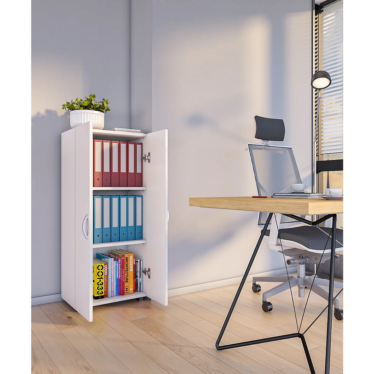 Armoire de classement Ulas, 3 hauteurs de classeurs, 2 tablettes, pour env. 21 classeurs, portes battantes, L 490 x P 340 x H 1080 mm, bois, blanc