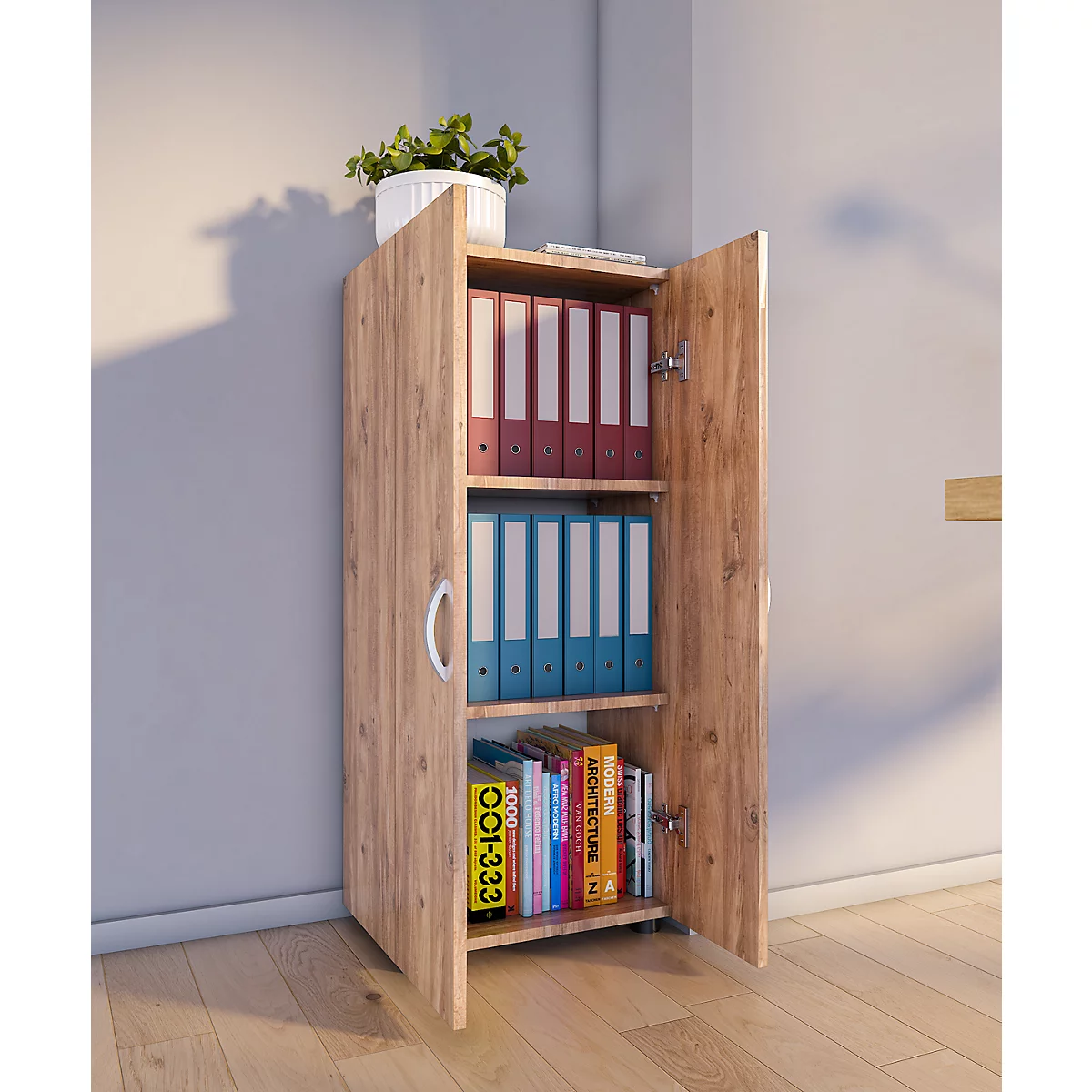 Armoire de classement Ulas, 3 hauteurs de classeurs, 2 tablettes, pour env. 21 classeurs, portes battantes, L 490 x P 340 x H 1080 mm, bois, chêne miel