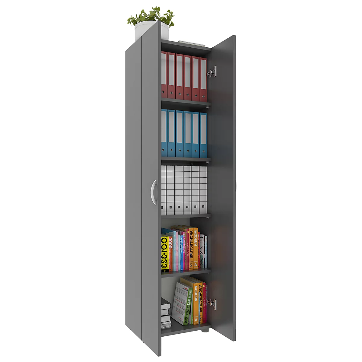 Armoire de classement Ulas, 5 hauteurs de classeurs, 4 tablettes, pour env. 35 classeurs, portes battantes, L 490 x P 340 x H 1780 mm, bois, anthracite