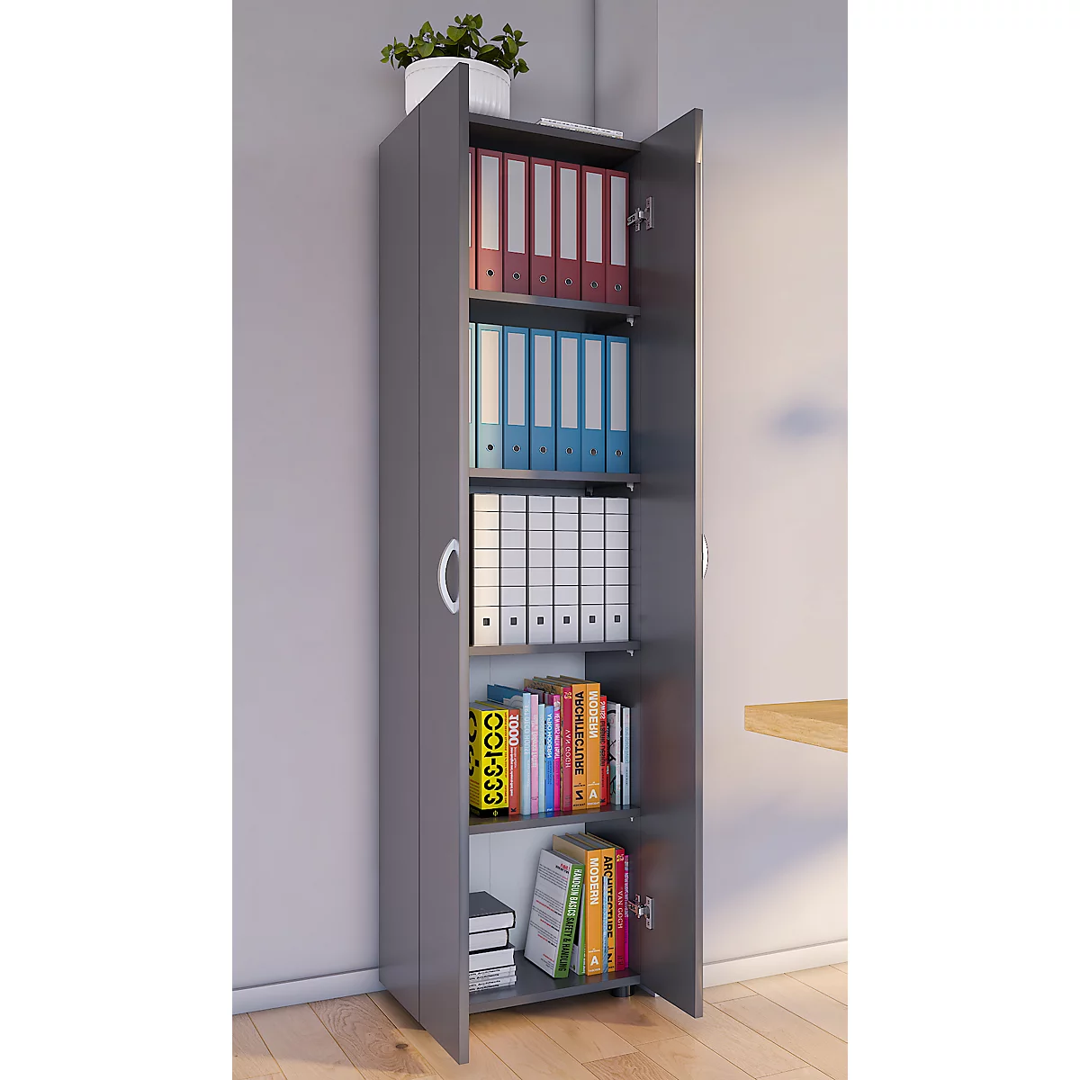 Armoire de classement Ulas, 5 hauteurs de classeurs, 4 tablettes, pour env. 35 classeurs, portes battantes, L 490 x P 340 x H 1780 mm, bois, anthracite