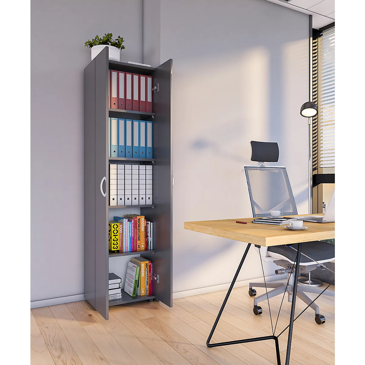 Armoire de classement Ulas, 5 hauteurs de classeurs, 4 tablettes, pour env. 35 classeurs, portes battantes, L 490 x P 340 x H 1780 mm, bois, anthracite