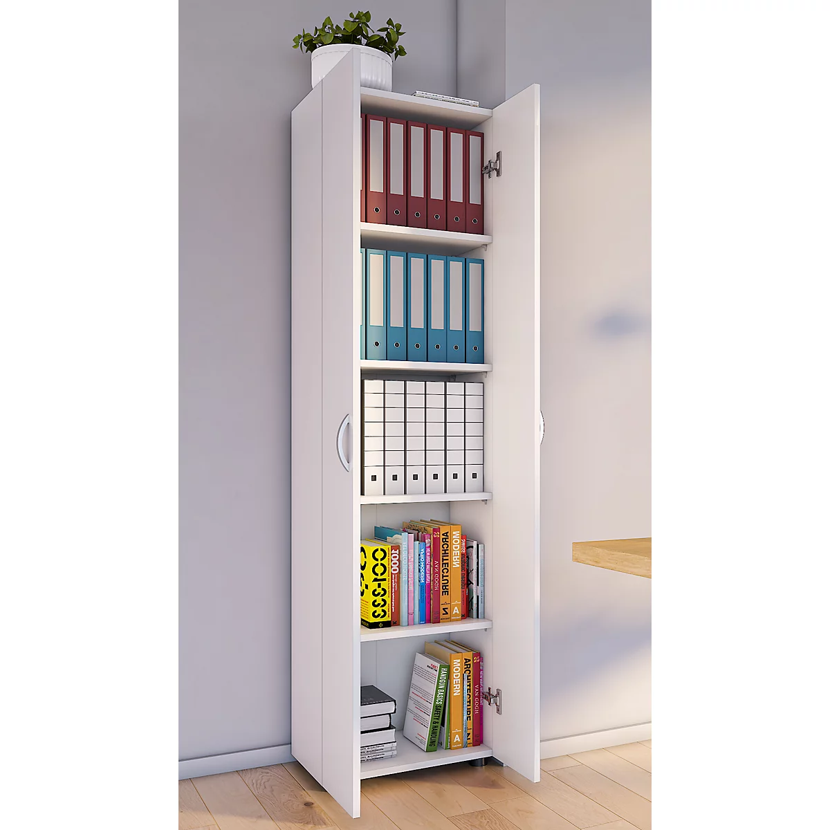 Armoire de classement Ulas, 5 hauteurs de classeurs, 4 tablettes, pour env. 35 classeurs, portes battantes, L 490 x P 340 x H 1780 mm, bois, blanc