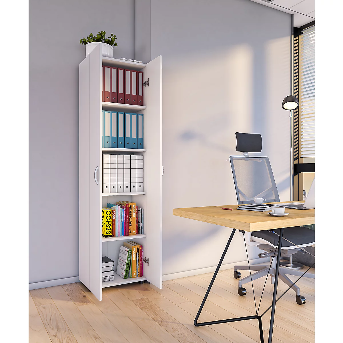 Armoire de classement Ulas, 5 hauteurs de classeurs, 4 tablettes, pour env. 35 classeurs, portes battantes, L 490 x P 340 x H 1780 mm, bois, blanc