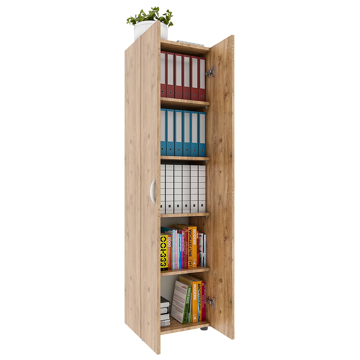 Armoire de classement Ulas, 5 hauteurs de classeurs, 4 tablettes, pour env. 35 classeurs, portes battantes, L 490 x P 340 x H 1780 mm, bois, chêne miel