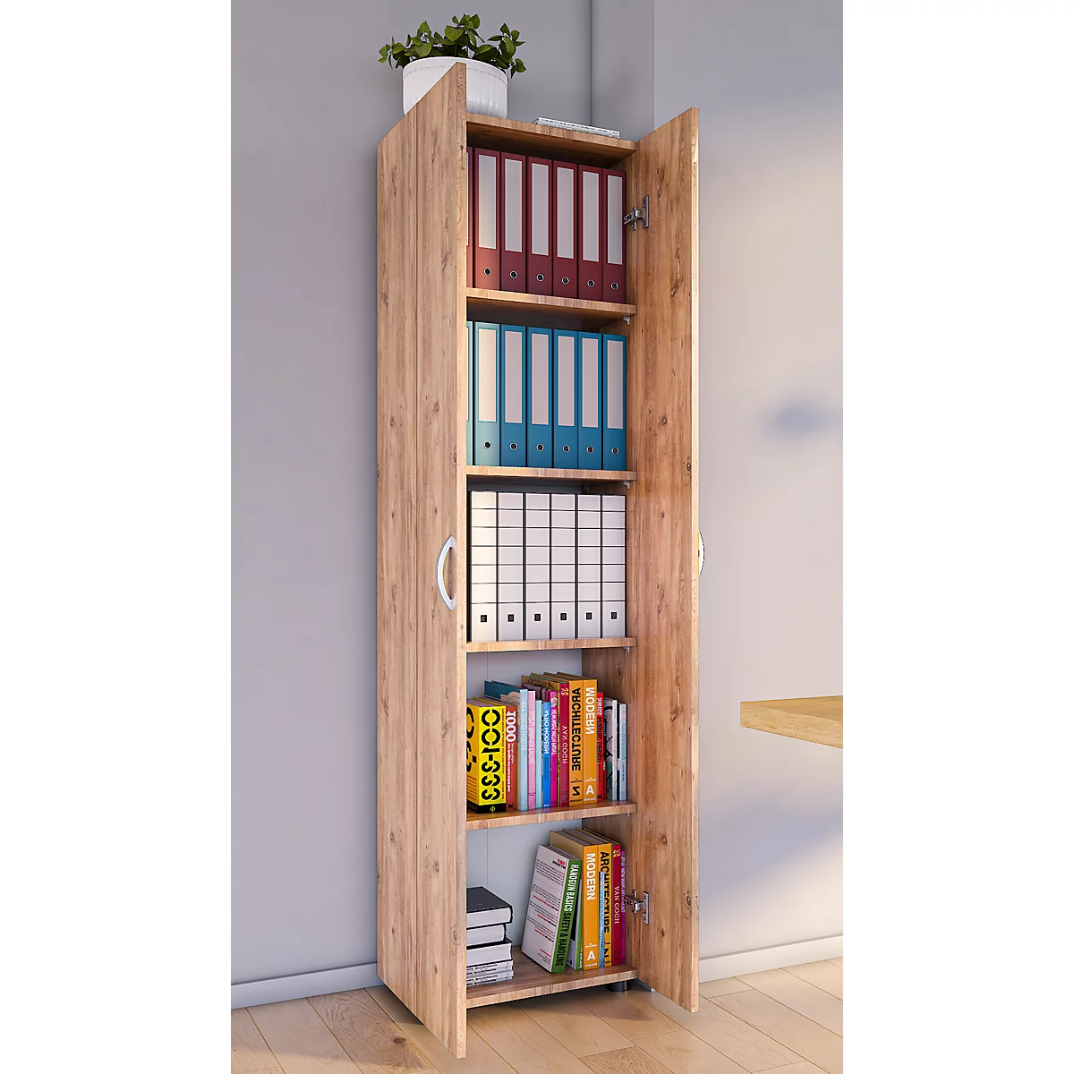 Armoire de classement Ulas, 5 hauteurs de classeurs, 4 tablettes, pour env. 35 classeurs, portes battantes, L 490 x P 340 x H 1780 mm, bois, chêne miel