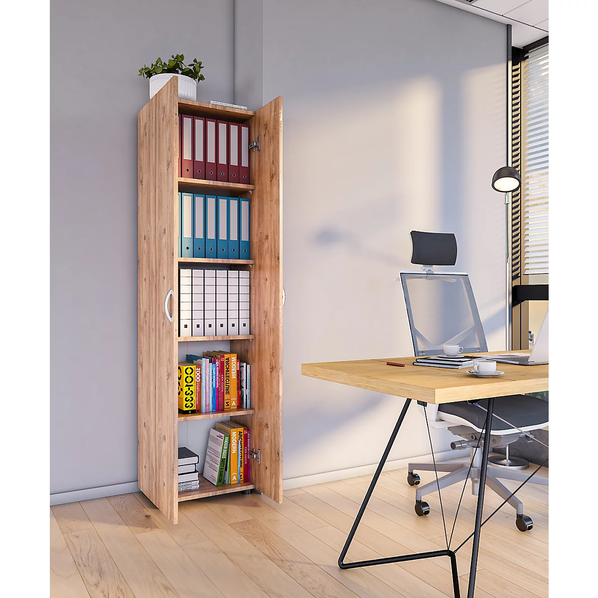 Armoire de classement Ulas, 5 hauteurs de classeurs, 4 tablettes, pour env. 35 classeurs, portes battantes, L 490 x P 340 x H 1780 mm, bois, chêne miel