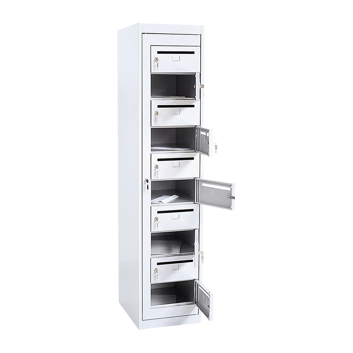 Armoire de distribution pour courrier, l. 400 x P 500 x H 1800 mm, 10 compartiments, gris clair RAL 7035