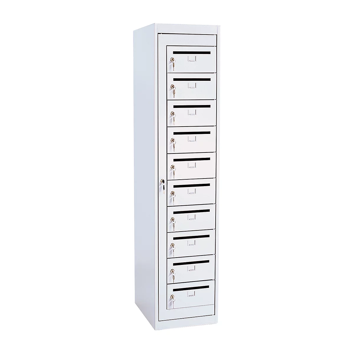 Armoire de distribution pour courrier, l. 400 x P 500 x H 1800 mm, 10 compartiments, gris clair RAL 7035
