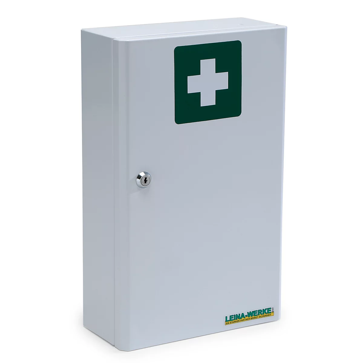 Une armoire à pharmacie en métal blanc verrouillable avec une croix verte sur la porte.