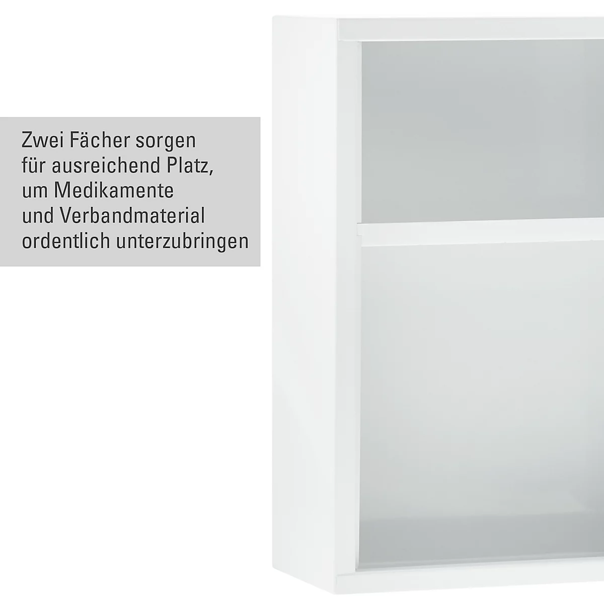 Armoire murale blanche avec deux compartiments, texte : Deux compartiments offrent de l’espace pour ranger les médicaments et les bandages.