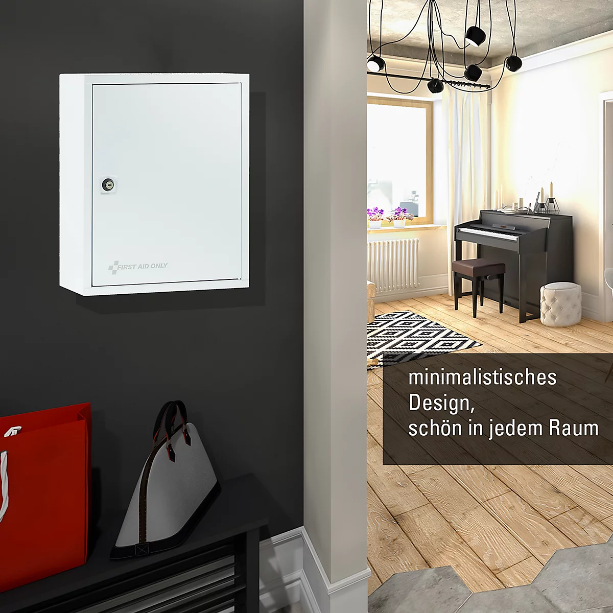 Armoire blanche sur un mur gris. En arrière-plan, un salon ouvert avec un piano. Texte : "design minimaliste, beau dans chaque pièce."