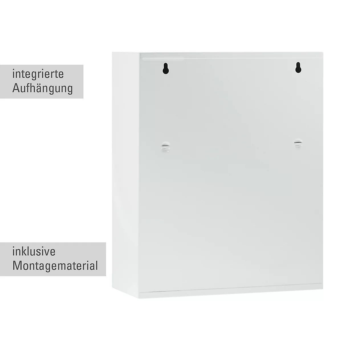 Une armoire blanche montrant le dos. Texte : suspension intégrée, matériel de montage inclus.