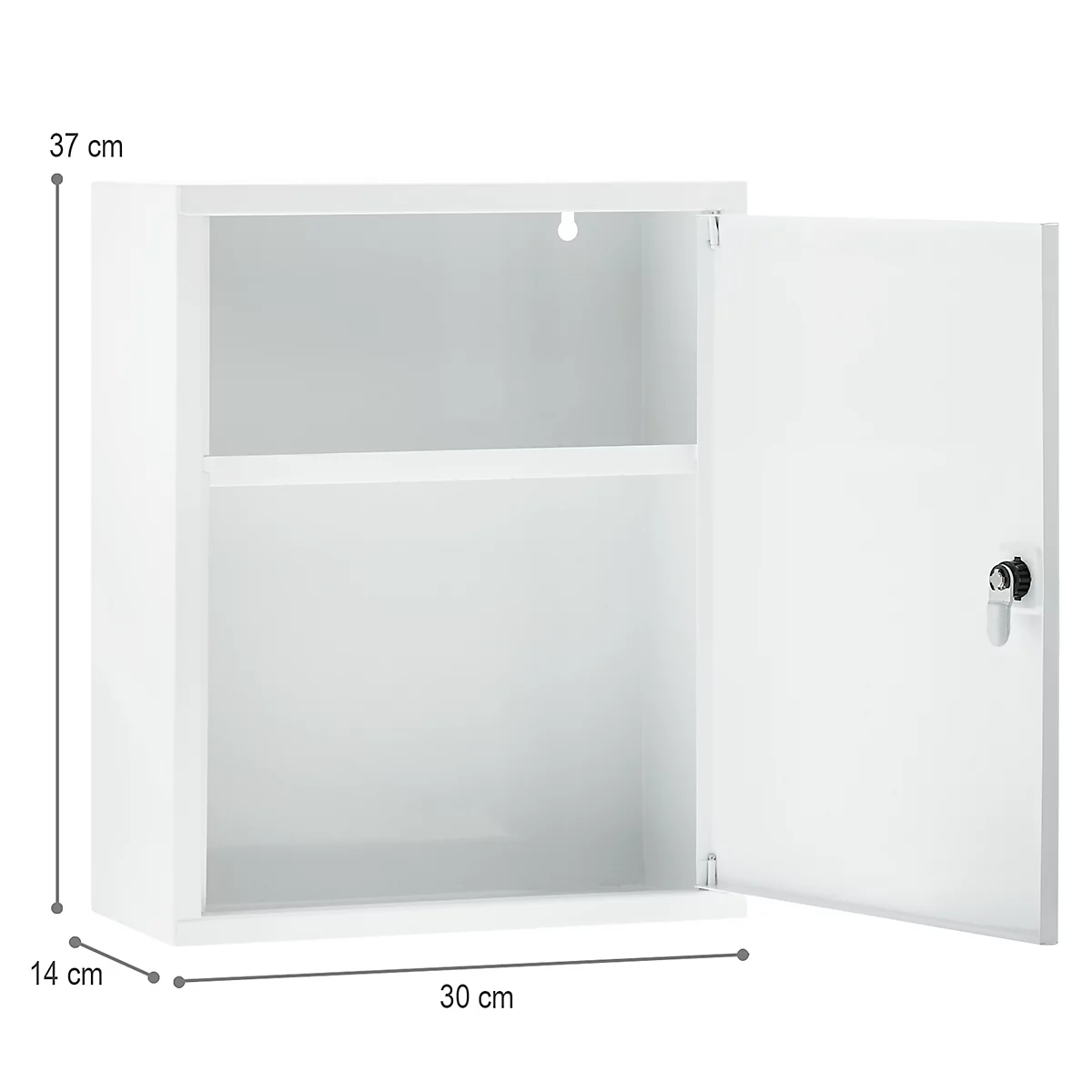 Armoire murale blanche avec porte ouverte. Les dimensions sont indiquées.