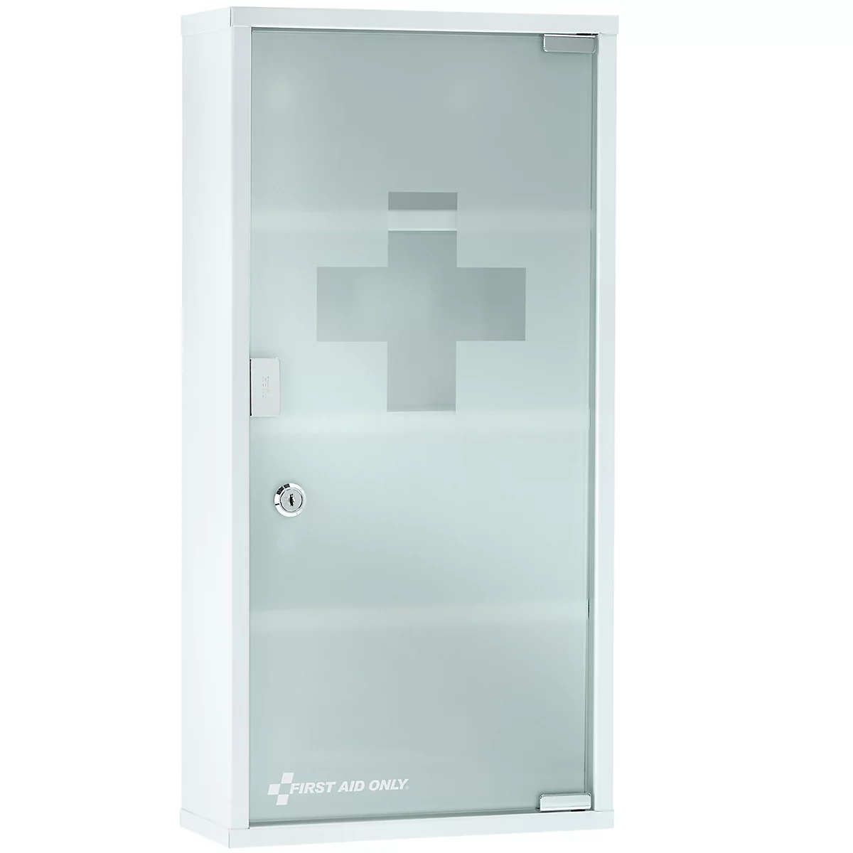 Armoire de premiers soins blanche avec porte vitrée et croix. Inscription 'FIRST AID ONLY'.