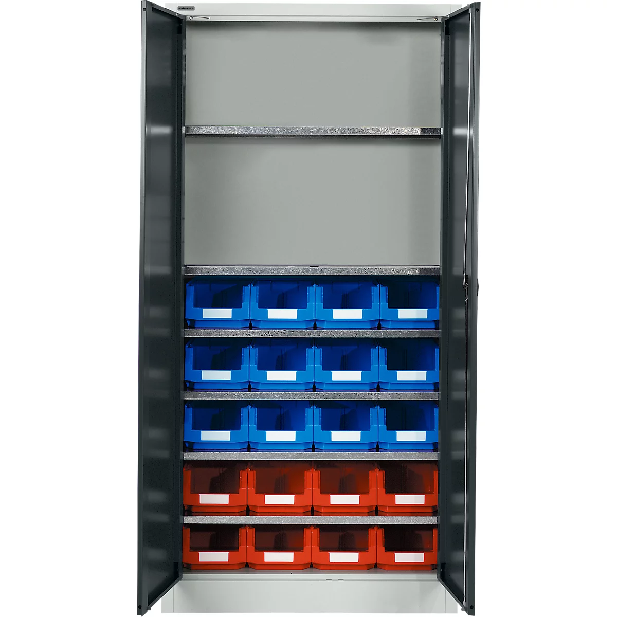 Armoire grise avec portes ouvertes remplie de conteneurs bleus et rouges.