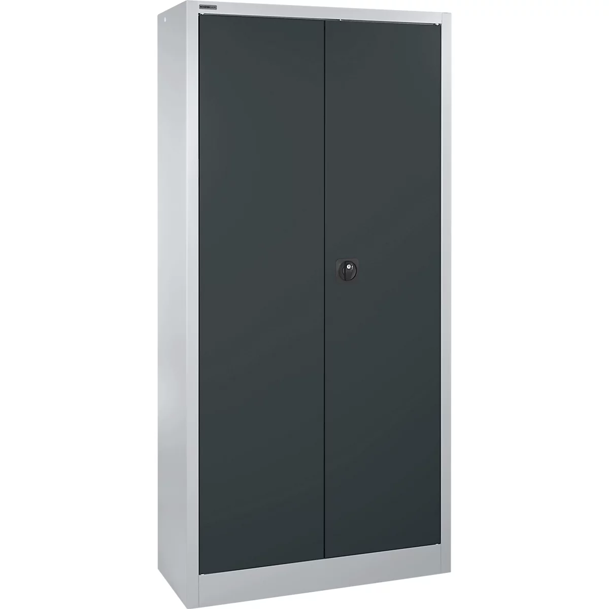 Une armoire grise avec deux portes et une poignée argentée.