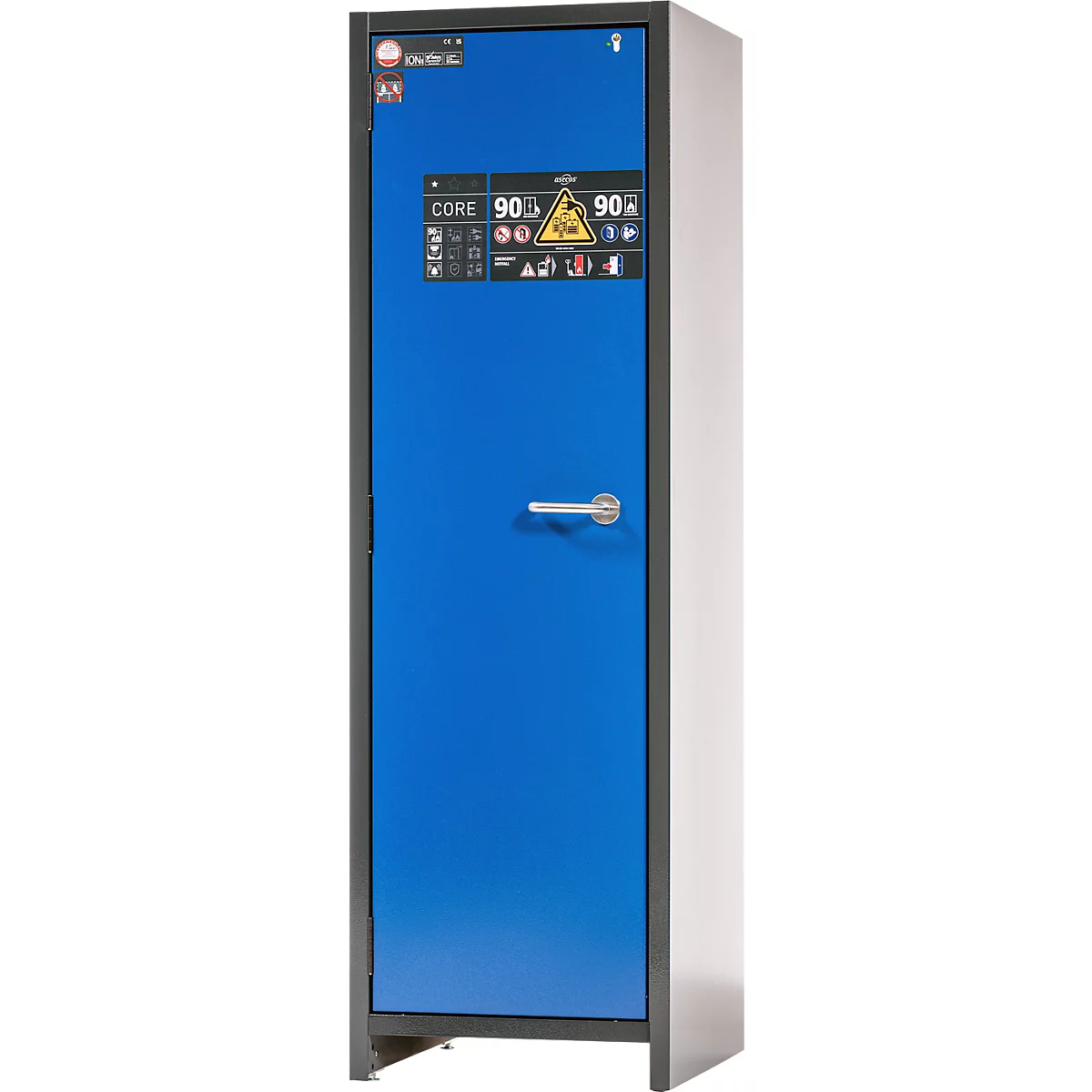 Armoire de sécurité à batteries lithium-ion Asecos type 90 ION-CORE-90, 4 tablettes, L 599 x P 615 x H 1953 mm, gris anthracite/bleu gentiane