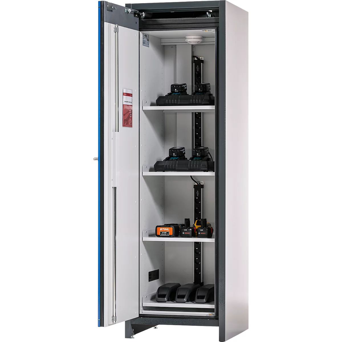 Armoire de sécurité à batteries lithium-ion Asecos type 90 ION-CORE-90, 4 tablettes, L 599 x P 615 x H 1953 mm, gris anthracite/bleu gentiane