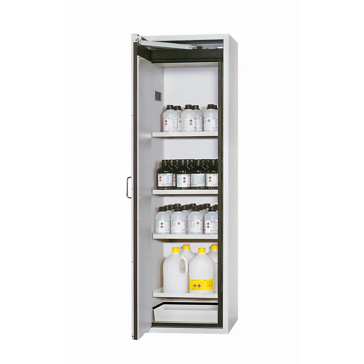 Armoire de sécurité de type 90 asecos S-CLASSIC-90, porte à charnière avec arrêt de porte, charnière à gauche, façade gris clair, L 596 x P 616 x H 1968 mm