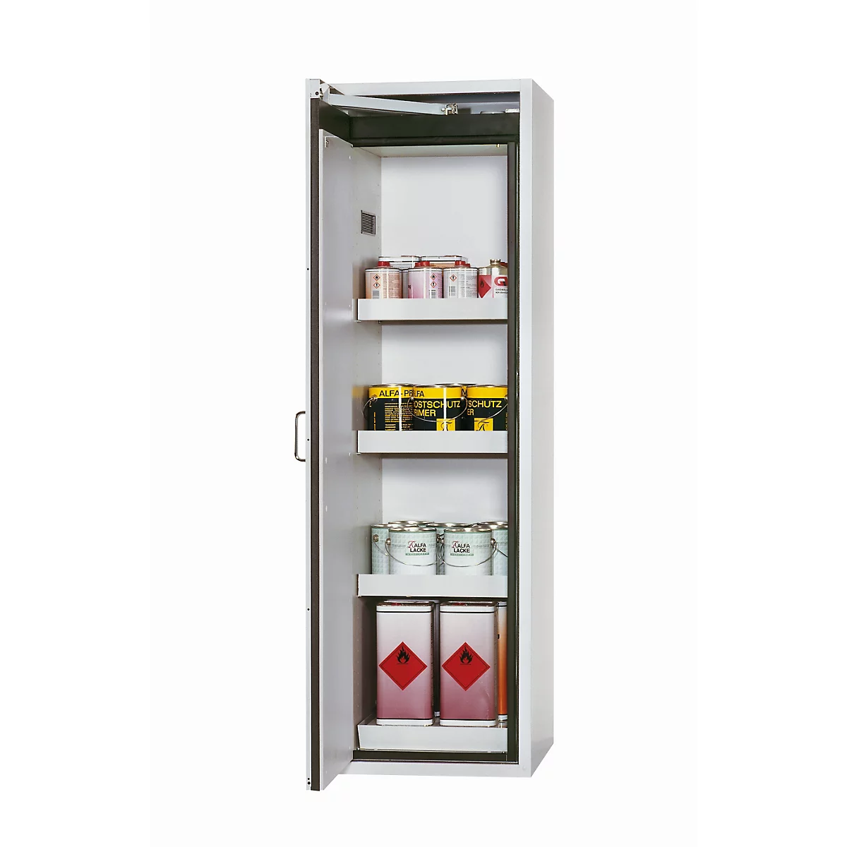 Armoire de sécurité de type 90 asecos S-CLASSIC-90, porte à charnière avec arrêt de porte, charnière à gauche, façade gris clair, L 596 x P 616 x H 1968 mm