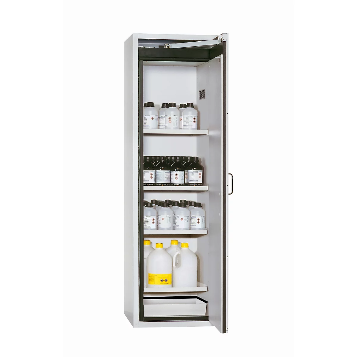 Armoire de sécurité de type 90 asecos S-CLASSIC-90, porte à charnière avec arrêt de porte, charnière droite, façade gris clair, L 596 x P 616 x H 1968 mm